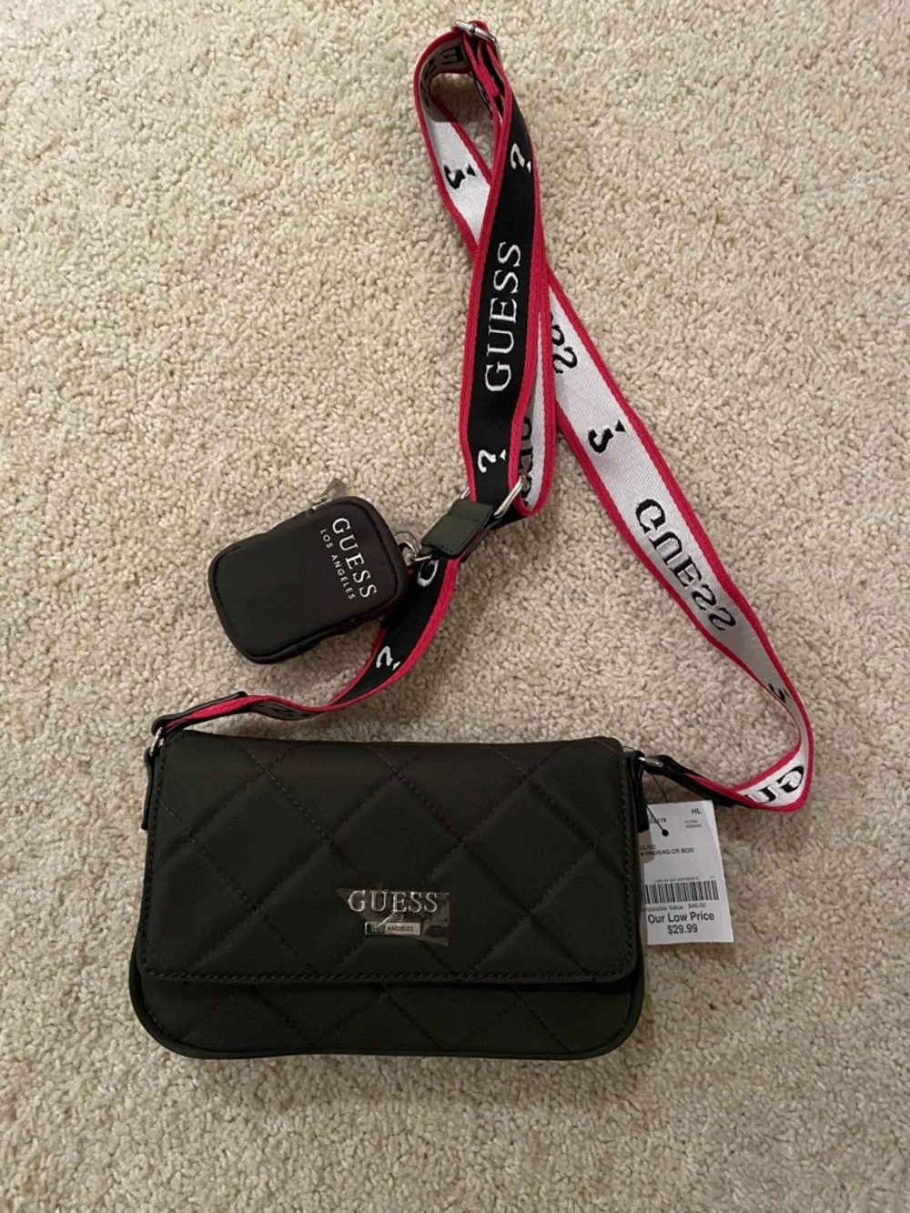 Guess Olive Green Mini Crossbody with Black, Red & White Logo Strap - Picture 13 of 13
